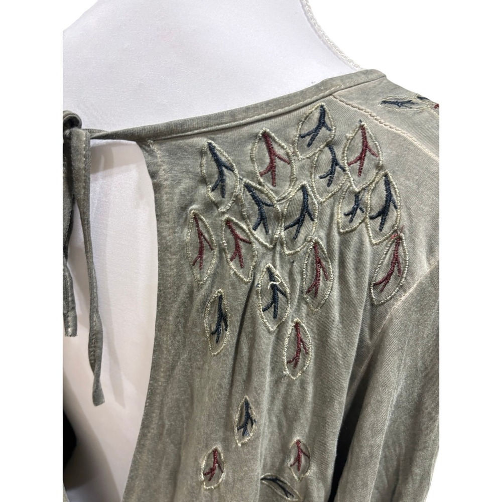 POL Olive Green Embroidered Open Back‎ Babydoll Tunic Top Small Boho Bell Sleeve - Picture 4 of 10